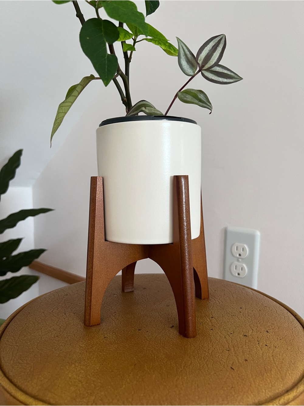 Modern White Ceramic Planter with Wooden Stand
